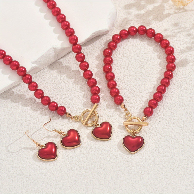 Vintage Red Bead Love Set Necklace, Bracelet and Earrings, Court Style Sweet Jewelry Three-Piece Set