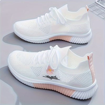 Women's Daisy Pattern Knitted Sneakers, Breathable Low Top Running & Tennis Trainers, Casual Gym Sports Shoes