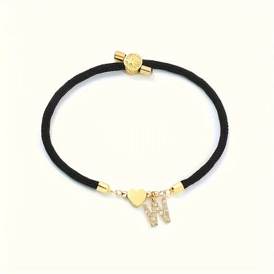18K Golden Plated Heart Charm Bracelet with Synthetic Zirconia Letter Pendants A-Z, Simple Classic Black Polyester Cord, Adjustable for Daily Wear and Gift-Giving