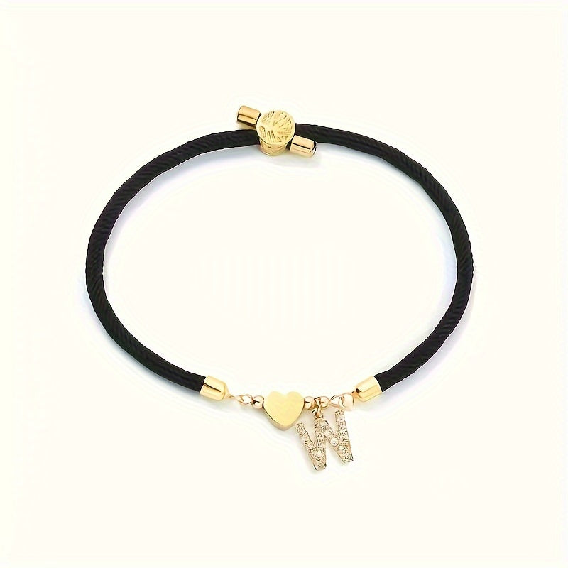18K Golden Plated Heart Charm Bracelet with Synthetic Zirconia Letter Pendants A-Z, Simple Classic Black Polyester Cord, Adjustable for Daily Wear and Gift-Giving