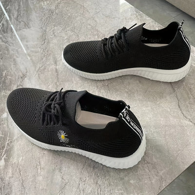 Women's Flower Pattern Sneakers, Breathable Flying Woven Outdoor Shoes, Lightweight Low Top Running Shoes