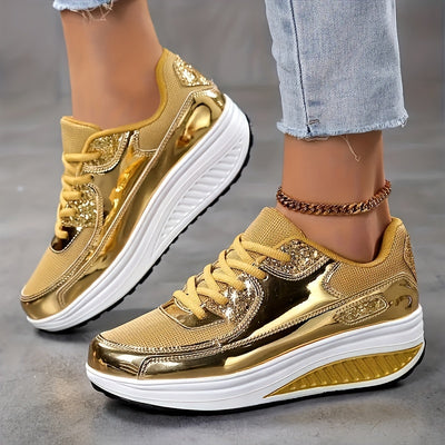 Women's Metallic Platform Sneakers, Breathable Mesh Lace Up Outdoor Shoes, Comfortable Low Top Sport Shoes