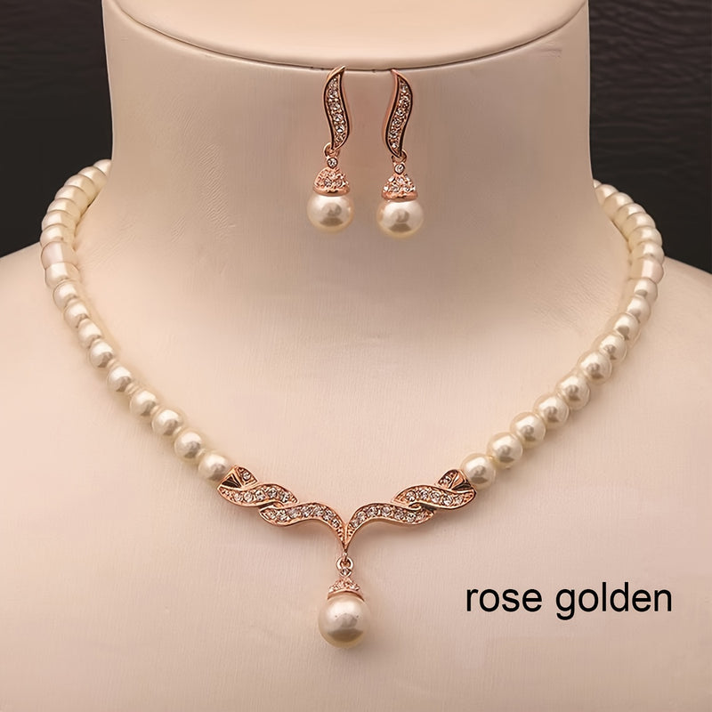 Luxury Glass Imitation Pearl Earrings and Necklace Set for Girls - Three-Piece Beige Jewelry Collection, Elegant Party Jewelry, Perfect for Girls&