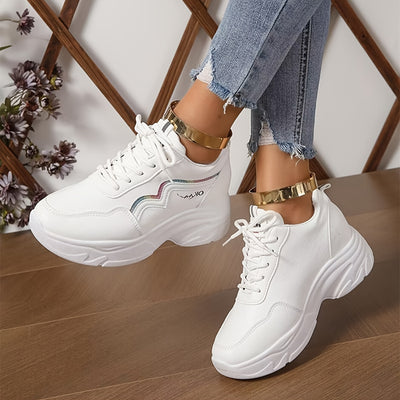 Women's White Platform Sneakers, Casual Lace Up Outdoor Shoes, Comfortable Low Top Sport Shoes