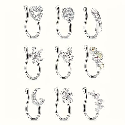 10pcs Set of Non-Piercing Nose Clips - Cute and Sexy Copper Cubic Synthetic Zirconia Design, U-shaped Heart, Crown, Butterfly and Star Patterns, Suitable for Daily Wear