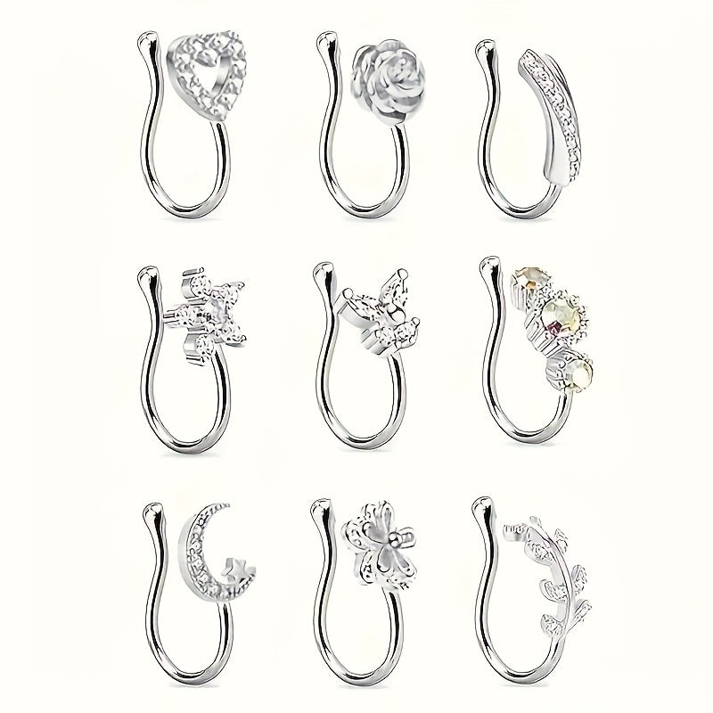 10pcs Set of Non-Piercing Nose Clips - Cute and Sexy Copper Cubic Synthetic Zirconia Design, U-shaped Heart, Crown, Butterfly and Star Patterns, Suitable for Daily Wear