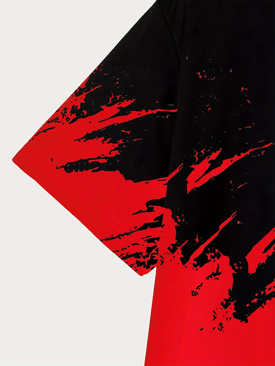 Men's Casual 3D Digital Print Short Sleeve T-Shirt - Black with Red & Gray Brush Stroke Design, Breathable Summer Tee, Regular Fit, Machine Washable, Casual Attire, Modern Textile Technology
