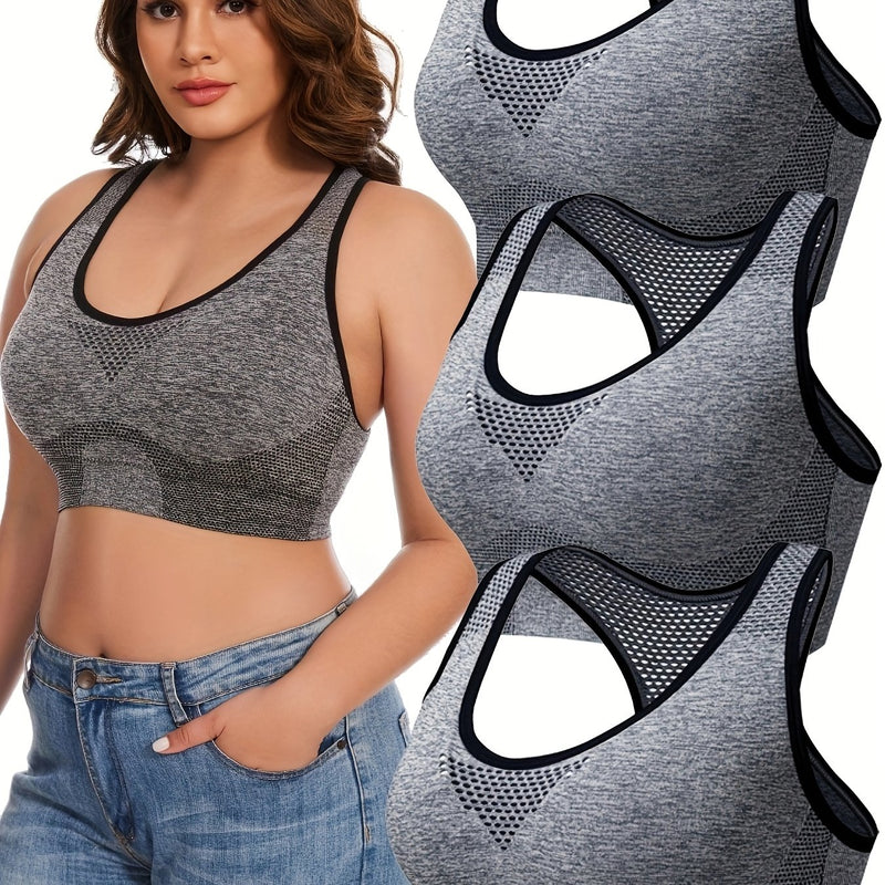 3pcs Plus Size Sports Bras, Polyamide Blend, Hollow Mesh Design, Low Support, Removable Padding, Crew Neck, Medium Stretch, Knit Fabric, with Casual Wear for Women&