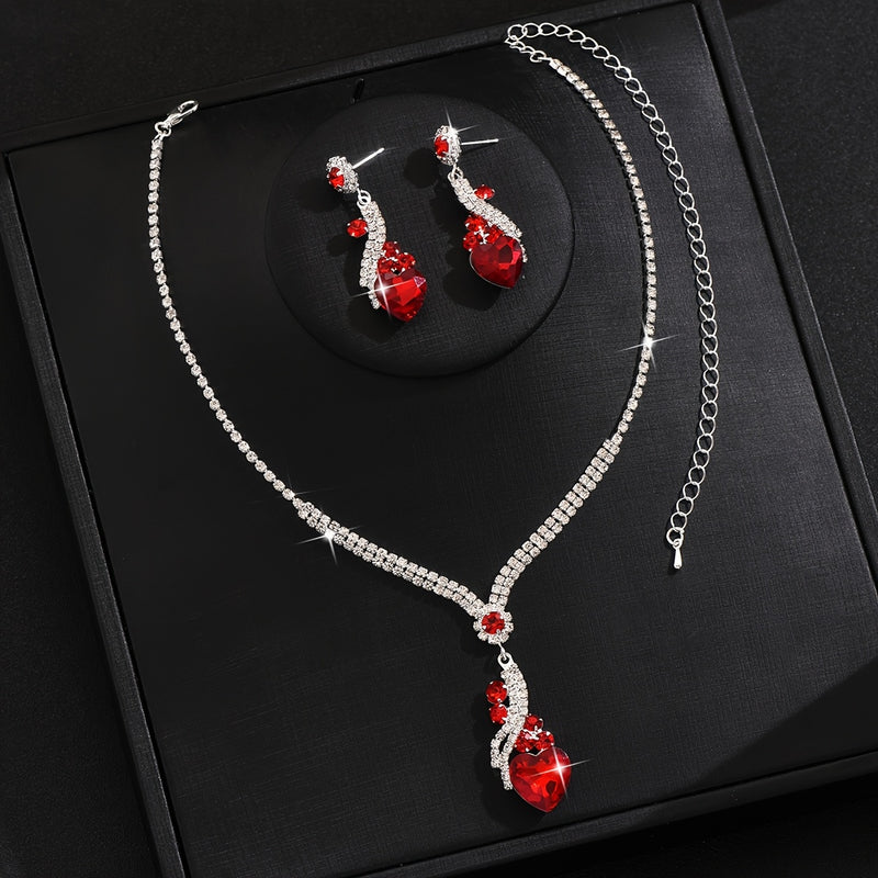 One Necklace + One Pair of Earrings Two-Piece Set Love Heart Necklace and Earrings Wedding Jewelry Suitable for Dress Banquet Wear