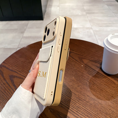 Personalized Customized Letter Faux Leather Card Holder Phone Case for Iphone 17 16 15 14 Plus 13 12 11 Pro Max 17Air Shockproof Lens Protective Cover