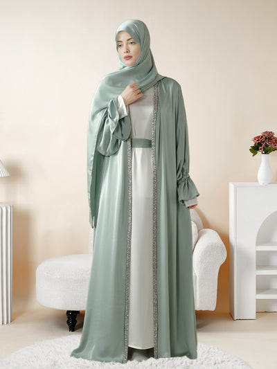 4pcs Set: Poet Sleeve Satin Abaya (MOA009) Eid al-Adha Abaya Muslim Women's Ramadan, Eid al-Fitr, Eid al-Adha, Mawlid, Prayer dress gown robe outfit long robe outfit comfortable soft breathable elegant Middle East Arabic styl