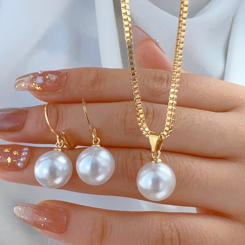 2pcs Imitation Pearl Pendant Earrings + 1pc Imitation Pearl Pendant Necklace, Simple And Holiday Style, Suitable for Girlfriends And Friends to Wear on Dates And Holidays