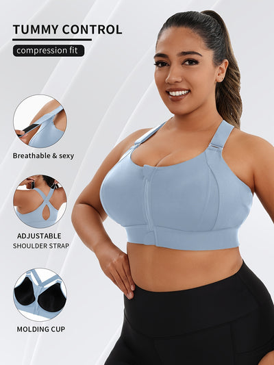 A Women'S Front-Zip Sports Bra, Featuring High Support And Plus Sizes, with Adjustable Straps, Suitable for Yoga, Fitness, And Workouts.