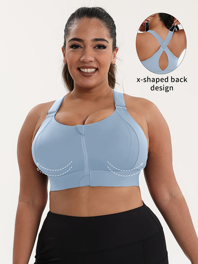 Women'S Plus Size High-Elasticity Sports Bra with Zipper - Blue, Non-Removable Padding, Adjustable Shoulder Straps, Ideal for Yoga & Pilates, Plus Size Yoga Apparel|Sleek Bralette|Comfortable Fit, Plus Size Yoga Apparel