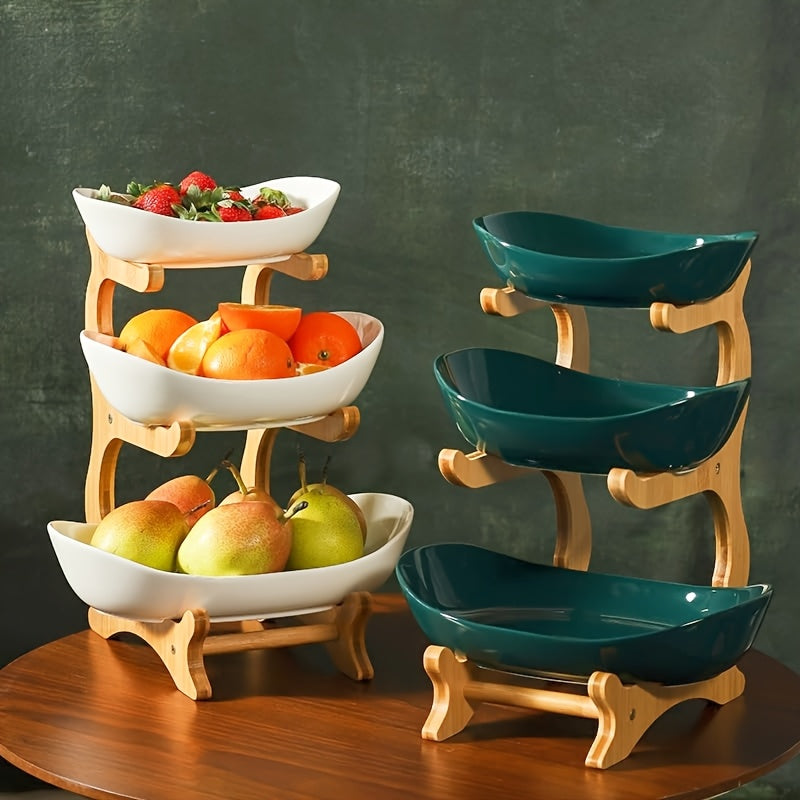 2/3-Tier Fruit Basket with Wooden Stand - Kitchen Organizer for Fruits & Vegetables,Home decor,fruit basket for kitchen counter,Large-Capacity Layered Fruit Basket,European-Style Dried Fruit Tray, Bamboo Wooden Rack Household