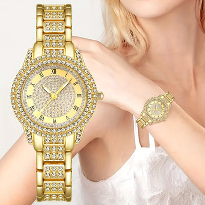 5pcs Luxury Women's Quartz Watch and Jewelry Set - Elegant Rose Golden-Tone Square Bezel, Interlocking Link Bracelet, -Accented Dial, Heart-Shaped Locket & Matching Earrings - Glamorous Gift Box Included, Perfect for Casual A