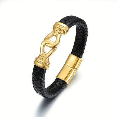 Men's 18K Gold Plated Plated 304 Stainless Steel Leather Bracelet - Braided Leather Strap with Golden-Tone Intertwined Rings, Durable & Stylish Jewelry for Casual Formal Wear