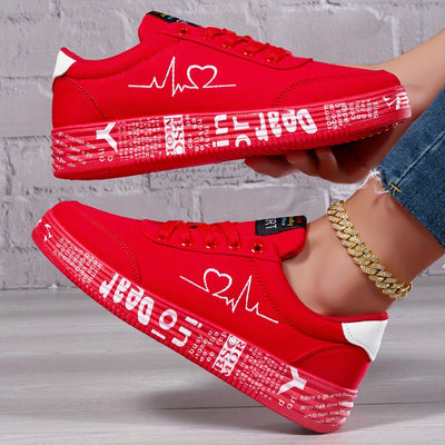Women's Heart Pattern Canvas Shoes, Casual Lace Up Outdoor Shoes, Comfortable Low Top Sneakers
