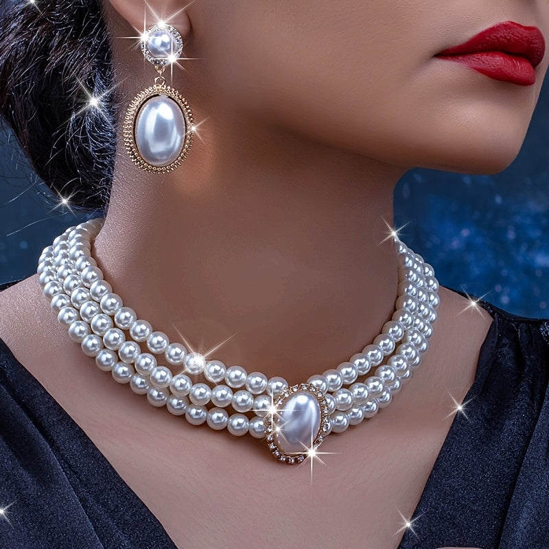 stylish Imitation Pearl necklace and a pair of stylish Imitation Pearl pendant earrings for Women&
