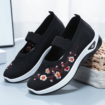 Women's Flower Pattern Flat Shoes, Breathable Knit Slip On Outdoor Shoes, Lightweight Low Top Shoes