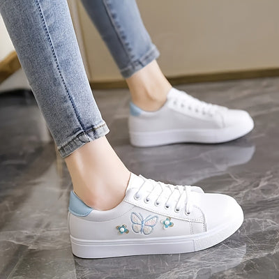 Women's Butterfly Pattern Sneakers, Casual Lace Up Outdoor Shoes, Lightweight Low Top Faux Leather Shoes