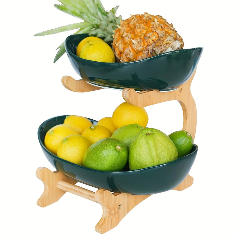 2/3-Tier Fruit Basket with Wooden Stand - Kitchen Organizer for Fruits & Vegetables,Home decor,fruit basket for kitchen counter,Large-Capacity Layered Fruit Basket,European-Style Dried Fruit Tray, Bamboo Wooden Rack Household