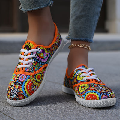 Women's Floral Print Canvas Flats, Round Toe Lace Up Outdoor Shoes, Low Top Casual Sneakers