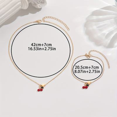 2pcs Set of Exquisite and Elegant Cute Cherry Heart Bracelet and Necklace Combo
