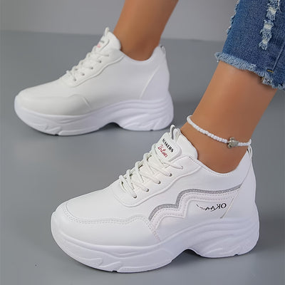 Women's White Platform Sneakers, Casual Lace Up Outdoor Shoes, Comfortable Low Top Sport Shoes
