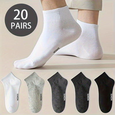 20pcs Men's Breathable Low-Cut Athletic Socks - Versatile Black, White, Gray with Letter Print, Sweat Absorbent Polyester Blend, Comfort Fit for Sports, Leisure & Business Casual, US Sizes 6-11