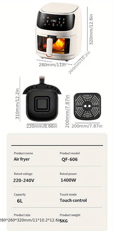 6L Large Capacity Air Fryer with Transparent Viewing Window, Smart Touch Panel, Adjustable Timer & Temperature Control, High Borosilicate Glass Liner, British Specification Plug, Safe for Use at Home or Restaurants, Air Fryer