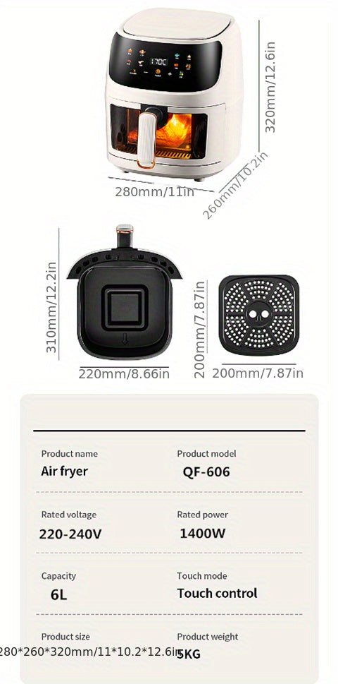 6L Large Capacity Air Fryer with Transparent Viewing Window, Smart Touch Panel, Adjustable Timer & Temperature Control, High Borosilicate Glass Liner, British Specification Plug, Safe for Use at Home or Restaurants, Air Fryer