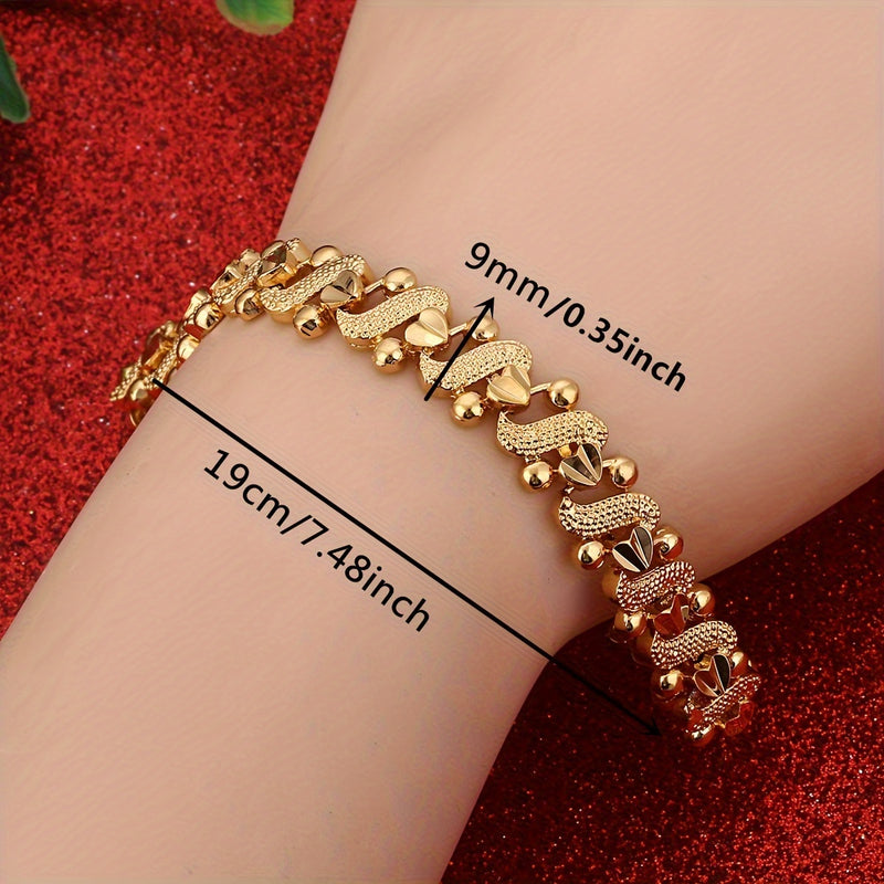 Elegant 24K Golden Plated Heart Charm Bracelet, Boho Style Alloy Jewelry for Women, Daily Wear, African Dubai Inspired Gift, All Season Accessory