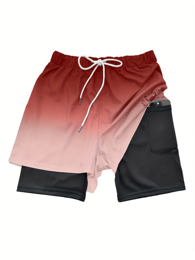 2-in-1 Double Layer Ombre Shorts - High Stretch, Drawstring Waist, Side Pocket, Breathable, Quick-Drying, Comfortable, Mens Sports Shorts for Summer Gym Workout, Training, and Fitness - GYM Pattern Print, Bull Design