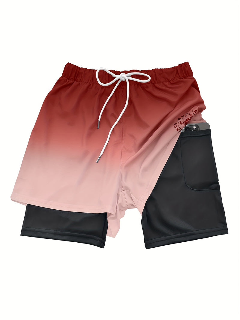 2-in-1 Double Layer Ombre Shorts - High Stretch, Drawstring Waist, Side Pocket, Breathable, Quick-Drying, Comfortable, Mens Sports Shorts for Summer Gym Workout, Training, and Fitness - GYM Pattern Print, Bull Design