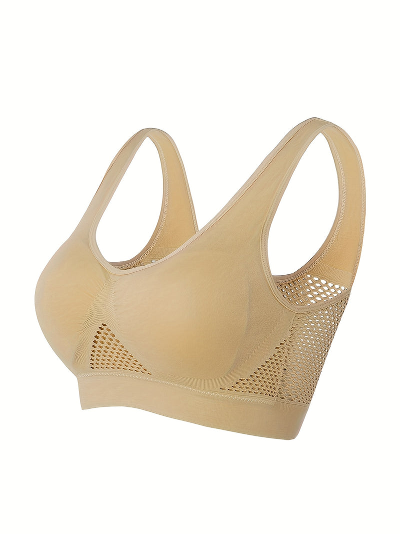 1pc, Esselegance, Sports Bra, Vest, No Rims, with Chest Pads, Mesh, Breathable, High Elasticity, Yoga, Running