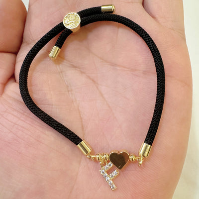 18K Golden Plated Heart Charm Bracelet with Synthetic Zirconia Letter Pendants A-Z, Simple Classic Black Polyester Cord, Adjustable for Daily Wear and Gift-Giving