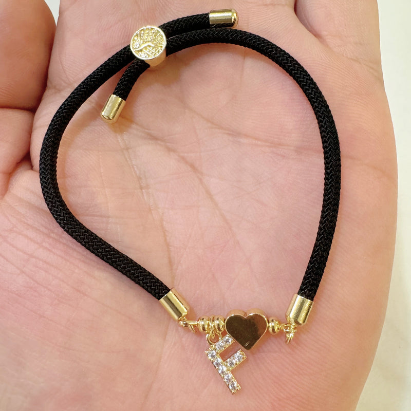 18K Golden Plated Heart Charm Bracelet with Synthetic Zirconia Letter Pendants A-Z, Simple Classic Black Polyester Cord, Adjustable for Daily Wear and Gift-Giving