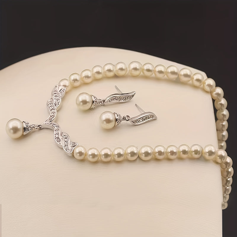 Luxury Glass Imitation Pearl Earrings and Necklace Set for Girls - Three-Piece Beige Jewelry Collection, Elegant Party Jewelry, Perfect for Girls&