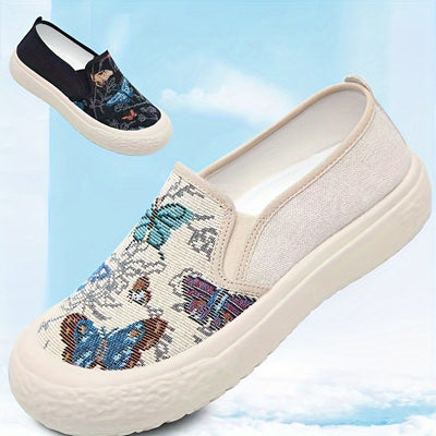 Women's Butterfly Pattern Canvas Shoes, Casual Slip On Outdoor Shoes, Lightweight Low Top Shoes