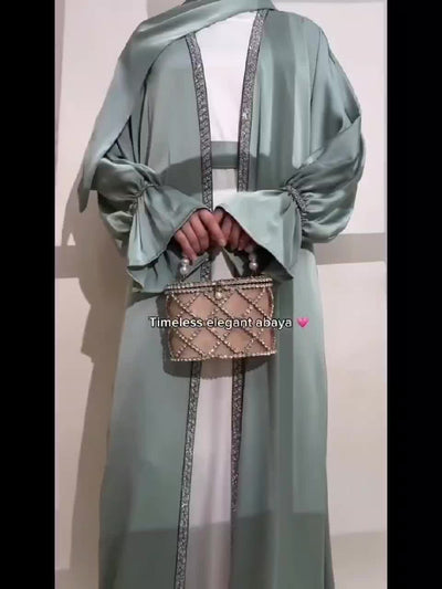 4pcs Set: Poet Sleeve Satin Abaya (MOA009) Eid al-Adha Abaya Muslim Women's Ramadan, Eid al-Fitr, Eid al-Adha, Mawlid, Prayer dress gown robe outfit long robe outfit comfortable soft breathable elegant Middle East Arabic styl