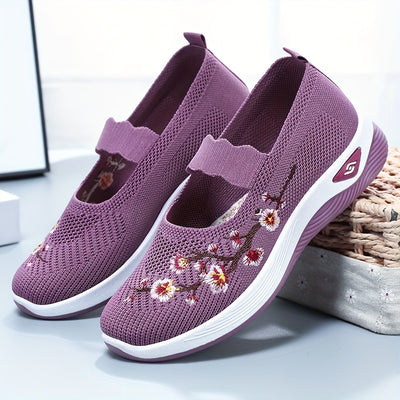 Women's Flower Pattern Flat Shoes, Breathable Knit Slip On Outdoor Shoes, Lightweight Low Top Shoes