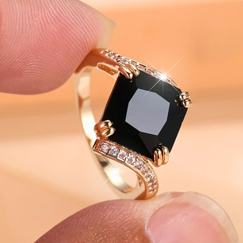 Luxury and Fashionable Black Synthetic Zirconia Ring for Women with Personality, Suitable for Banquets and Wedding Season
