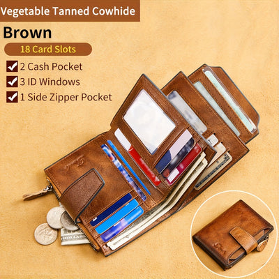 Vintage Men's Top Layer Cowhide Wallet RFID Anti-theft Card Holder Large Capacity 18 Card Slots Zipper Wallet Can Hold Coins Mobile Card Holder Can Hold Driver's License, 2 Large Banknote Slots