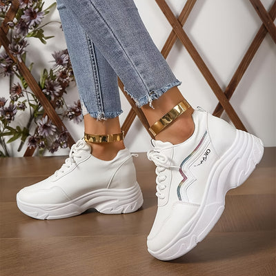 Women's White Platform Sneakers, Casual Lace Up Outdoor Shoes, Comfortable Low Top Sport Shoes