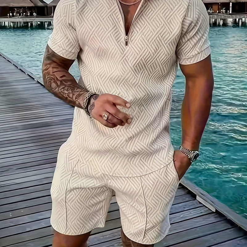 تي شيرت رجالي بأكمام قصيرة + شورت بدلة رياضية كاجوال باللون الأزرق