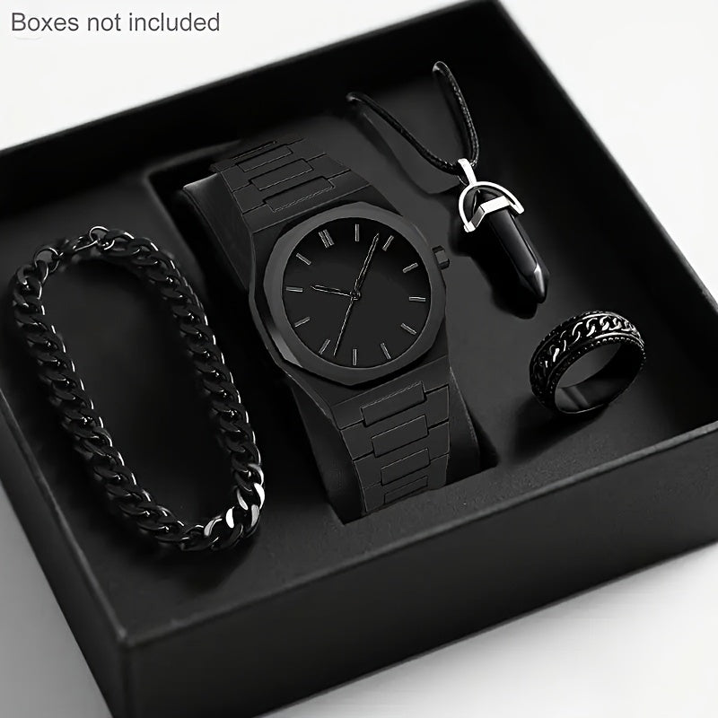 4pcs Modern Minimalist Black Quartz Watch Set - Roman Numeral Dial, Unisex Business & Casual Watches with Silicone Strap, Elegant Gift Box Included for Men & Women - Affordable Luxury Analog Watches for Everyday & Special Occ