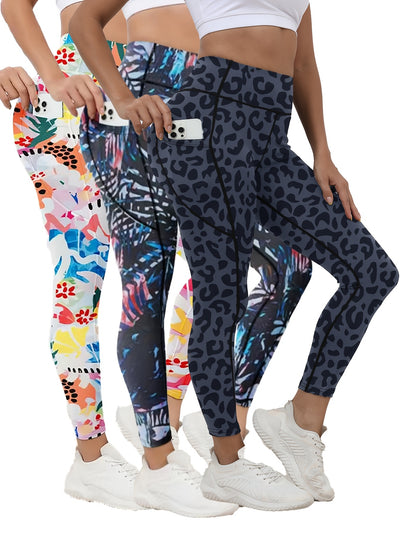 3pcs High-Waist Tummy Control Yoga Leggings with Pocket - Butt Lifting, Stretchy Sports Pants in Vibrant & Subdued Print for Women