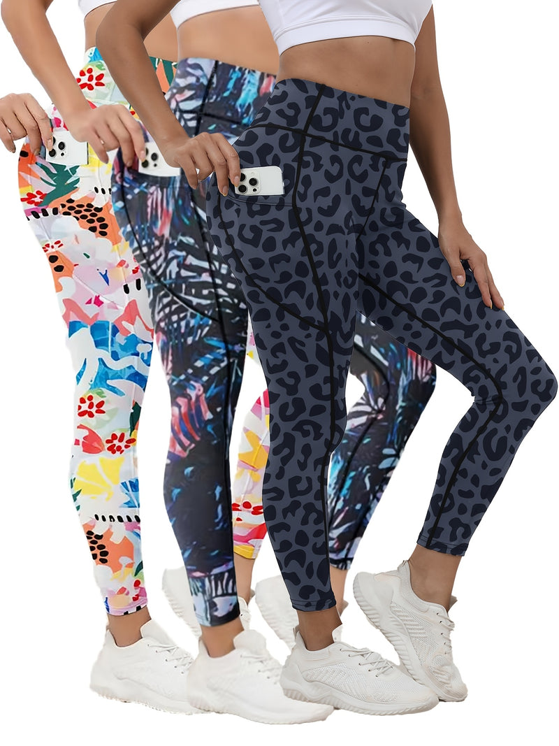 3pcs High-Waist Tummy Control Yoga Leggings with Pocket - Butt Lifting, Stretchy Sports Pants in Vibrant & Subdued Print for Women