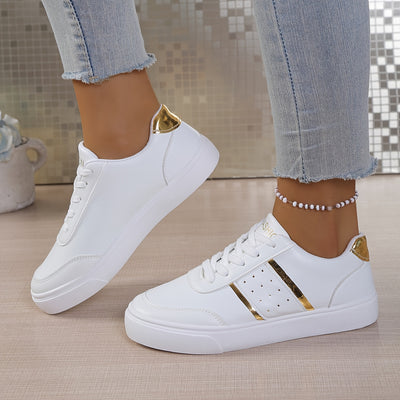 Women'S White Low-Top Sneakers with Golden Accents - Genuine Leather Upper, Breathable Fabric Lining & Durable Rubber Sole, Lace-Up Casual Shoes for All-Season Comfort, Ladies Sneakers, Baked White Sports Shoe For Women